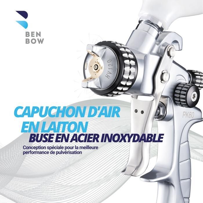 Pistola pulverizadora de pintura BENBOW PK60 - Profesional - Boquilla de 1,8 mm - Vaso de alimentación por gravedad de 600 ml