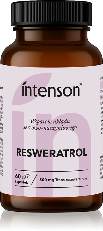 Cápsulas de suplemento alimentar Intenson Resveratrol para promover vitalidade.