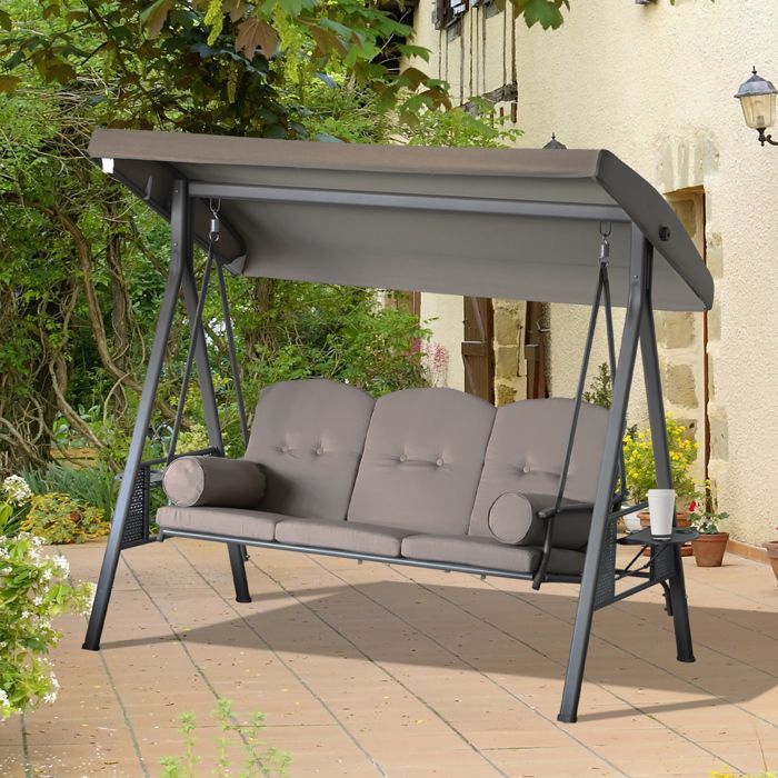 Tuinschommel - Outsunny - 3 zitplaatsen - Verstelbare kantelkap, kussens, uitschuifbare dienbladen - Gesponnen polyester, beige