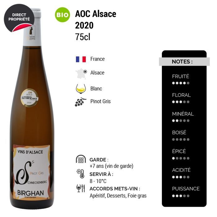 Birghan Alsace Pinot Gris Schneckenberg 2020 - Vin Blanc d' Alsace (3x75cl) BIO