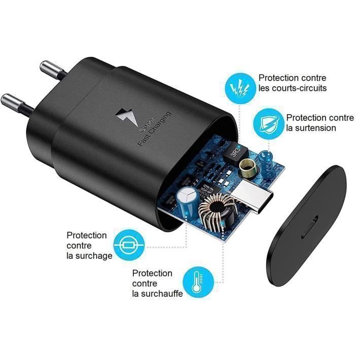 Chargeur Rapide 25W + Câble USB-C Pour Samsung S22 PLUS-S22 ULTRA-S21 FE 5G-S21 PLUS-S21 ULTRA-S20 FE-S20 PLUS-Note 20-A53 Xiaomi