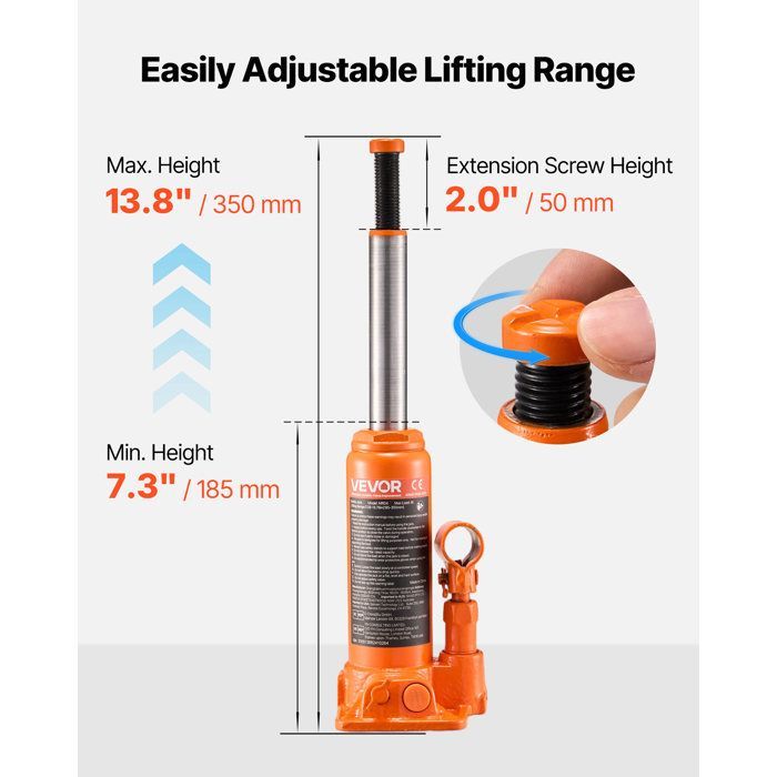 Gato hidráulico de botella grande - VEVOR - Capacidad de 4T - Gato elevador para coches - Rango de elevación 185-350 mm - Naranja
