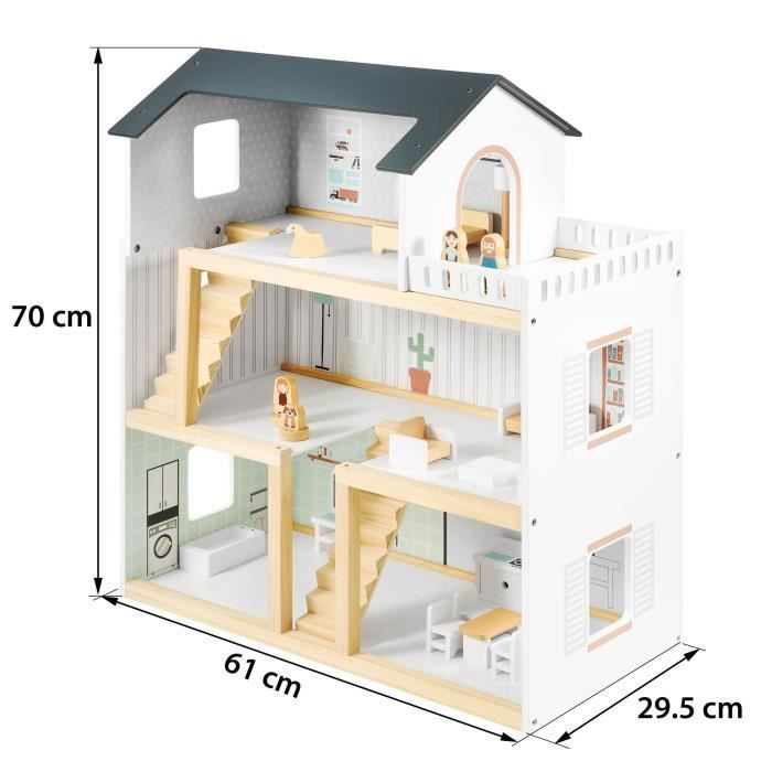 Casa de muñecas MAMABRUM de 70x30x60 cm, 3 niveles, terraza - 19 habitaciones móviles y 4 figuras - Juguete de rol - Certificación CE