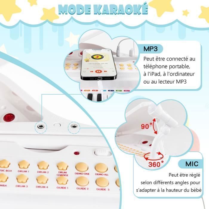 Piano infantil COSTWAY de 31 teclas con taburete, micrófono, 3 modos de enseñanza, luz LED, reproductor de MP3, 4 estilos musicales, 22 canciones, blanco.