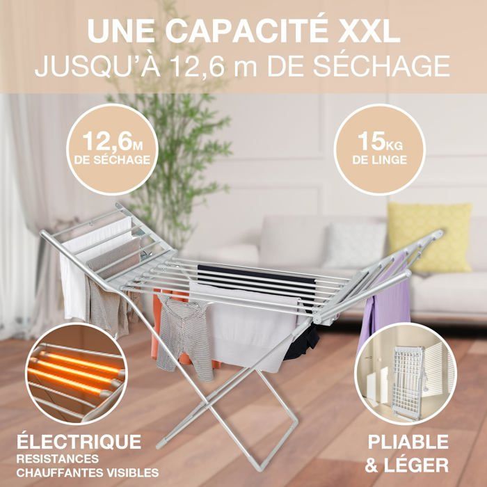 Séchoir Électrique XXL 1,6m - 230W - Température 45-55°C - Séchage Rapide Jusqu'à 15kg - Câble 1,4m - Idéal pour Intérieur