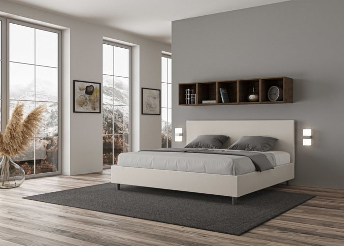 King size bed - Ityhome - Adele - 200x210 cm - White faux leather - Slatted base included