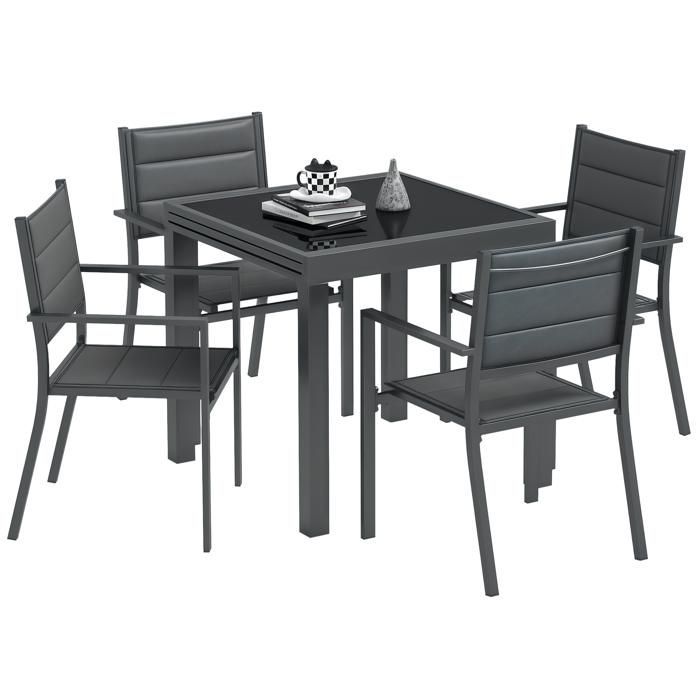 Conjunto de muebles de jardín Outsunny: mesa extensible con 4 sillas apilables, fabricado en aluminio y textilene, color gris oscuro.