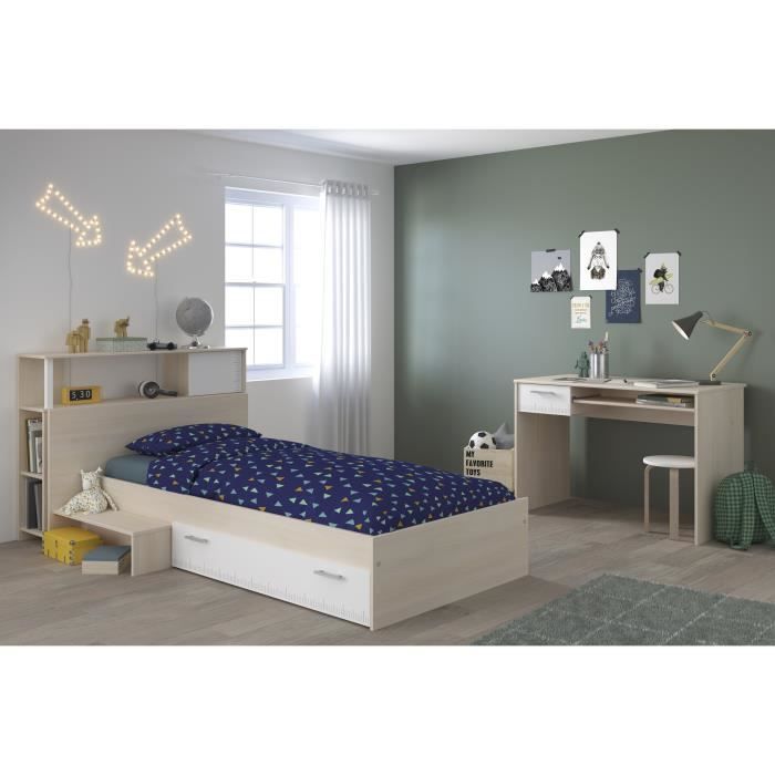 PARISOT Complete Children's Bedroom Set: Headboard + Bed + Desk - Contemporary Style - Light Acacia and White Decor - CHARLEMAGNE