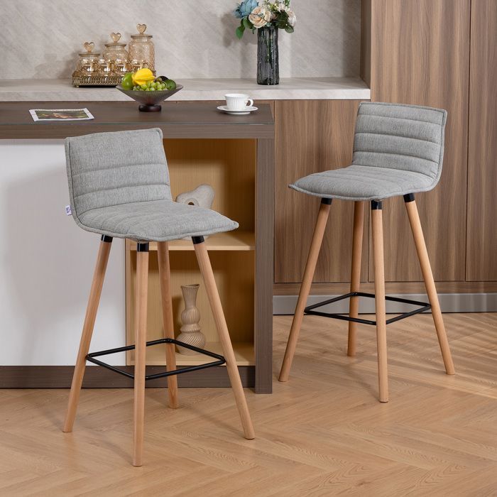 Juego de 2 taburetes de bar - HOMCOM - asiento, respaldo y reposapiés acolchados - tejido con aspecto de lino - 48 x 48 x 99,5 cm - gris