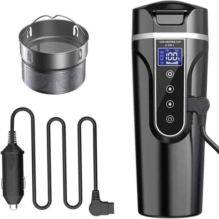 Chaleira elétrica para carro Virex® 500ml - 12V/24V - Aço inoxidável 304 - Temperatura ajustável de 40 a 90°C