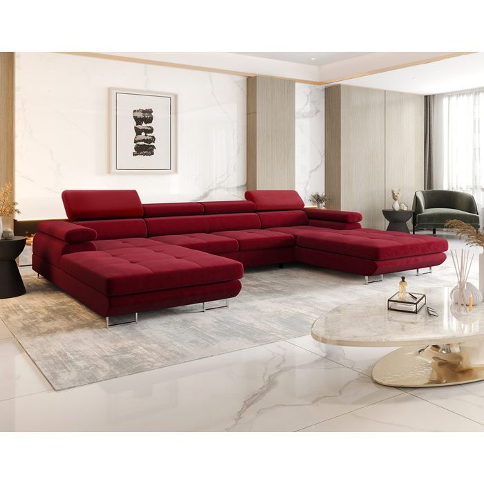 Ayden – 7-Sitzer-Panorama-Schlafsofa in U-Form mit Stauraum und verstellbaren Stoffkopfstützen – Pflaume
