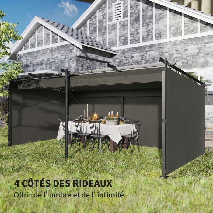 Tonnelle de jardin rétractable - Outsunny - toit coulissant - rideaux latéraux - métal - 3x6m - gris foncé