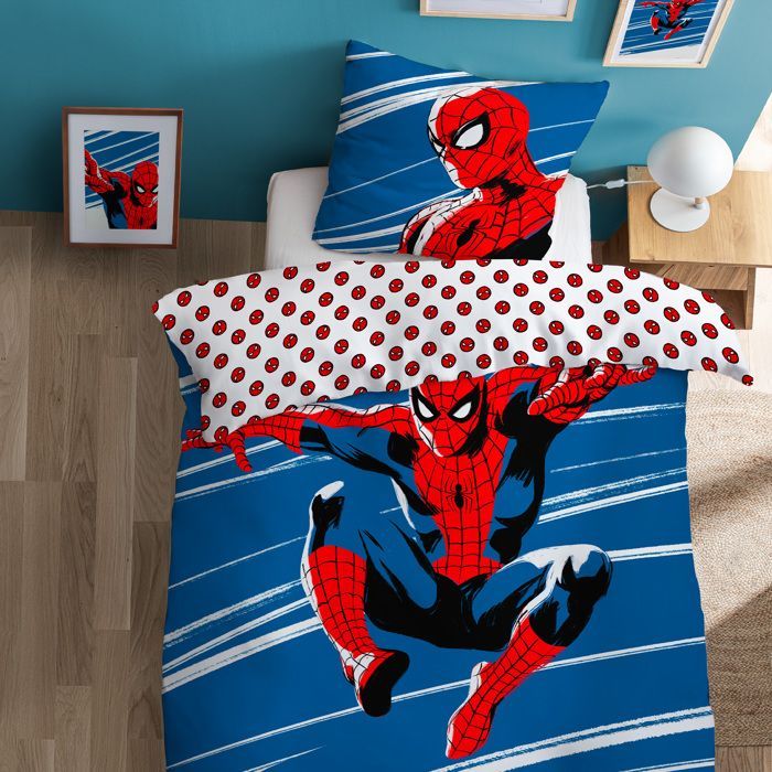 Juego de ropa de cama infantil 100% algodón - ANIVERSARIO DE SPIDERMAN - Blanco/Azul - 140x200+63x63cm