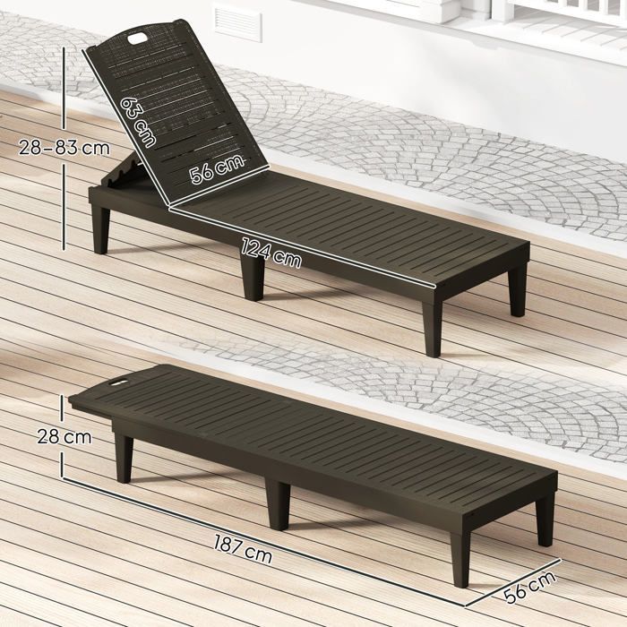 Set of 2 sun loungers - Outsunny - 4-position adjustable backrest - PP - 56 x 187 x 28 cm - black