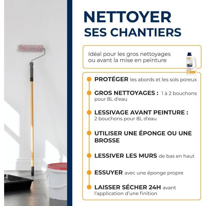 Lessive sols,murs et plafonds-Sans rinçage-Nettoie et dégraisse-Haut rendement jusqu'à 250m²-Efficace même dilué à l'eau froide-1L