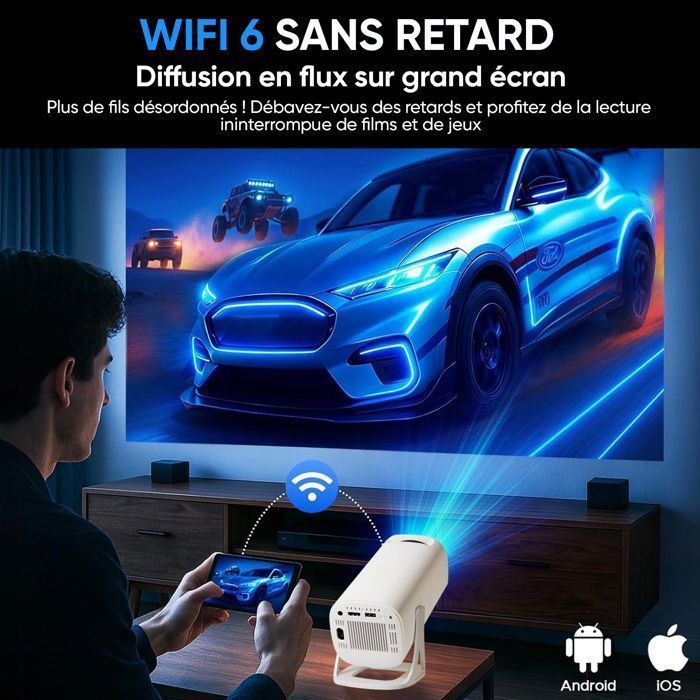 Mini Vidéoprojecteur, Support 4K 1080P Android Projecteur vidéo WiFi Bluetooth 5.0, Retroprojecteur Auto Keystoneavec