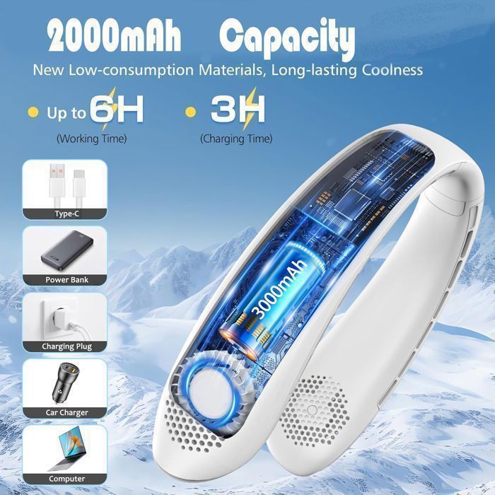 Ventilateur de Cou Portable,3000mAh Rechargeable USB,3 Vitesses et Affichage LED,pour Bureau Domicile Voyage En Plein Air(Blanc)