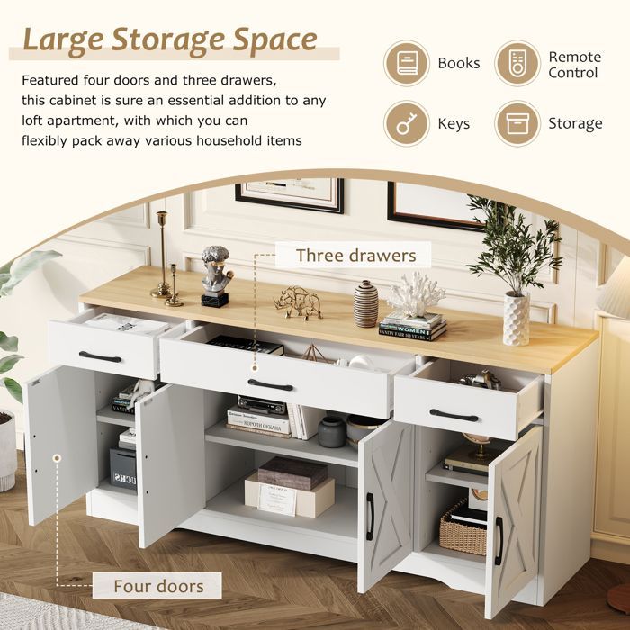 Mueble de almacenamiento de cocina LINKHOO, aparador blanco moderno, armario de madera multifuncional, aparador blanco con decoración 160*37*75cm