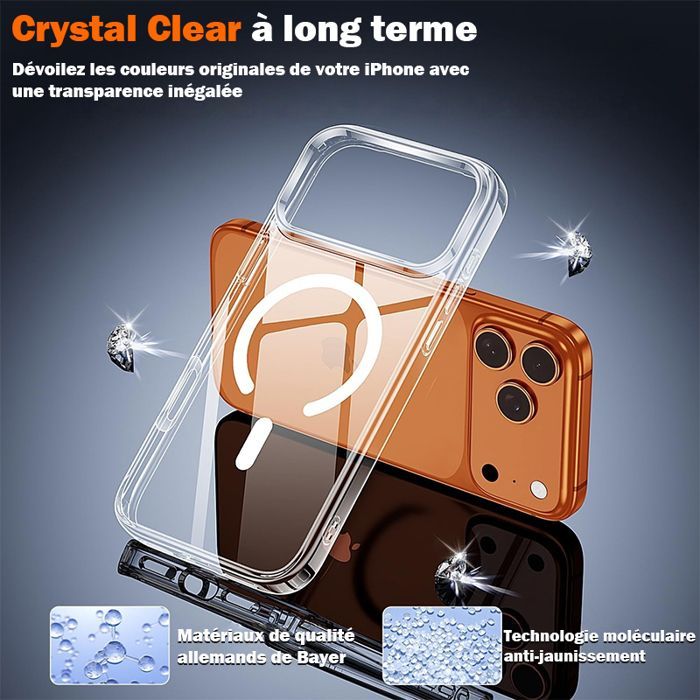 iPhone 17 Pro Max case with MagSafe magnetic closure, tempered glass, camera protector, shockproof TPU bumper, transparent, anti-yellowing, hard PC back