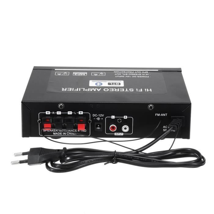 Amplificador HiFi Bluetooth, áudio estéreo, rádio FM, 2 canais, controle remoto para carro e casa, plugue UE, DC 12V, AC 220V.