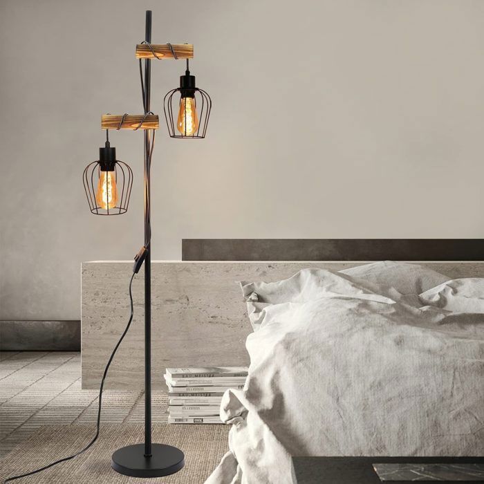 Lámpara de pie - NETTLIFE - 2 luces de metal y madera - E27 - Altura 151 cm - Negra