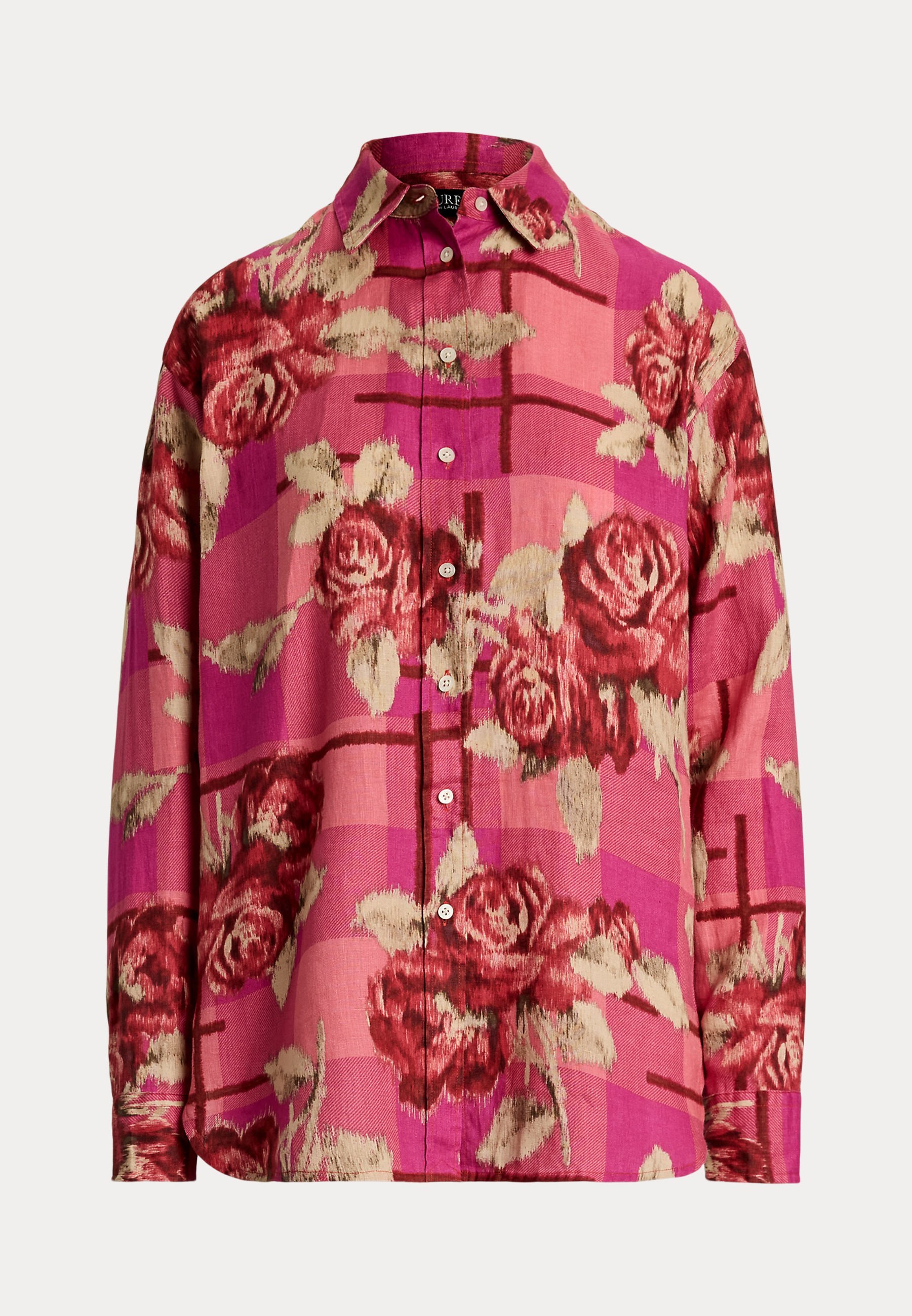 Lauren Ralph Lauren Relaxed Fit Linnen Blouse met Bloemenprint - Blouse met Knoopsluiting - rood/roze