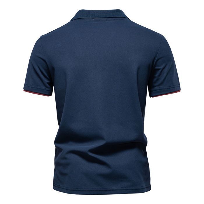 Polo de manga corta con cuello en V para hombre con bordado de ciervo, polo informal de verano de corte regular en color de contraste - Talla europea - Azul marino