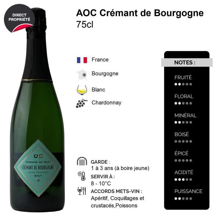 Crémant de Bourgogne Brut Blanc - Lot de 3x75cl - Domaine de Savy - Vin effervescent AOC Blanc de Bourgogne - Cépage Chardonnay