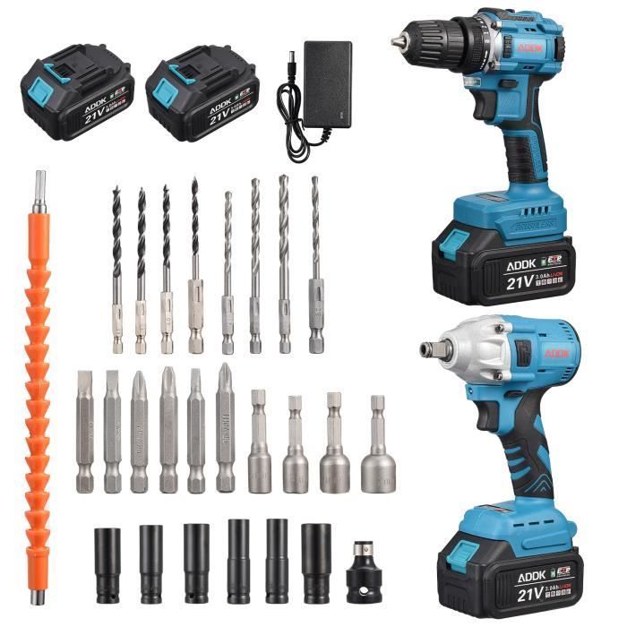 Llave de impacto inalámbrica de 380 Nm con taladro percutor, paquete de 2 herramientas, motor sin escobillas, 2 baterías de 3,0 Ah, juego de herramientas de 25 piezas.