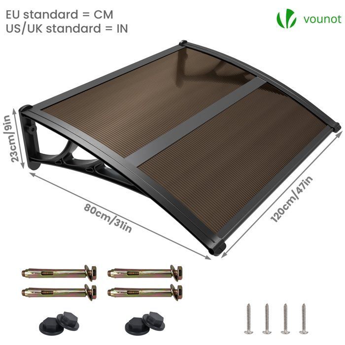 VOUNOT® Marquise auvent de porte d'entrée 120x80cm avec support central - Polycarbonate - Anti-UV - Marron