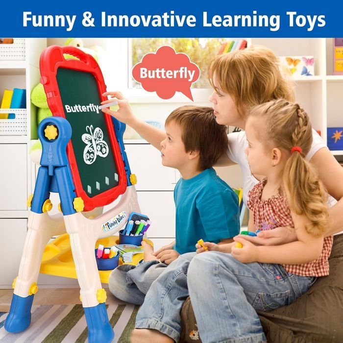 Caballete de pintura infantil, lienzo infantil de doble cara, patas ajustables, lienzo magnético para niños y niñas.