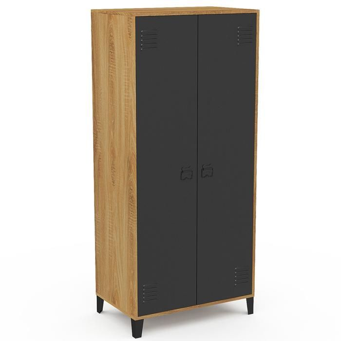 IDMARKET ESTER 2-door wardrobe/locker, black metal with wood trim, industrial design