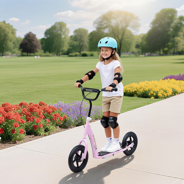 Kinderroller – HOMCOM – Roller mit 30-cm-Reifen, höhenverstellbarem Lenker, Bremse und Ständer – Stahl – ab 5 Jahren – Rosa