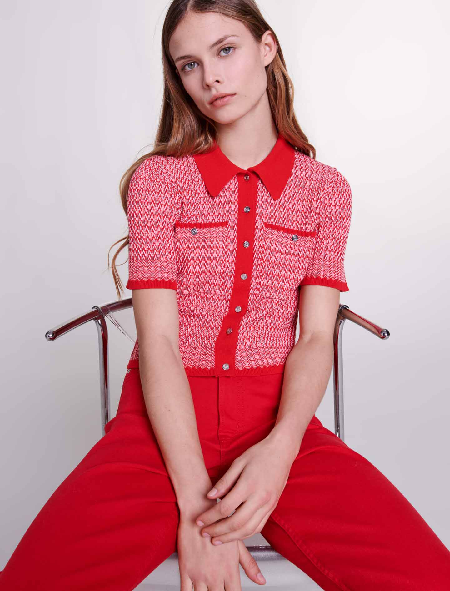 Korte poloshirt met visgraatpatroon - Rood