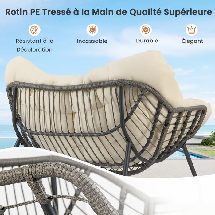 Sedia a dondolo da giardino COSTWAY per esterni in rattan sintetico PE con cuscino spesso removibile, struttura in metallo, portata massima 150 kg, colore beige.