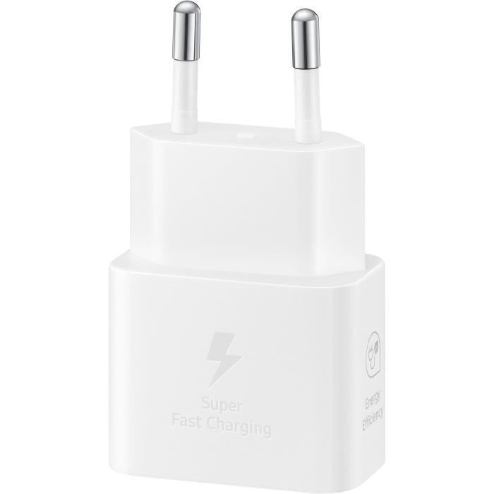Cargador para teléfono móvil Samsung, cargador de pared rápido de 25 W, puerto USB tipo C, blanco.