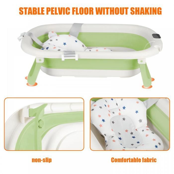 Bañera plegable para bebé MIPAN - Con tapón de drenaje + termómetro digital + cojín de asiento - Patas antideslizantes - Verde