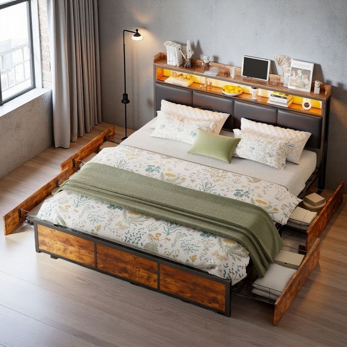 Dobbeltseng til voksne 180x200 - Integreret opbevaring - Skuffer - Tilsluttet LED-belysning - Sort industriel stil