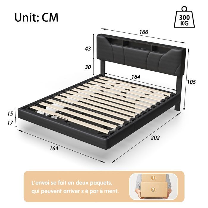 Lit Double 160x200 - LED - Sommier Renforcé - Coffre de Rangement - Design Moderne