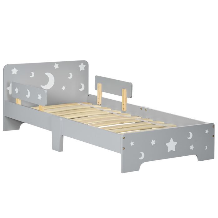 Lit pour enfants - ZONEKIZ - de 3 à 6 ans - design étoiles et lune - sommier à lattes inclus - 143 x 76 x 49 cm - gris