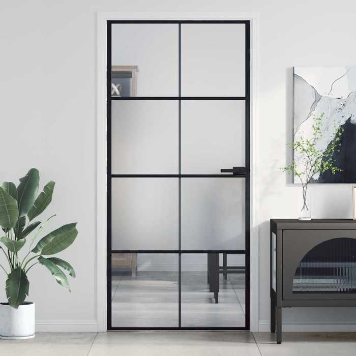 Interior Door - Slim Black Entrance Doors 93x201.5 cm Tempered Glass Aluminum 957101