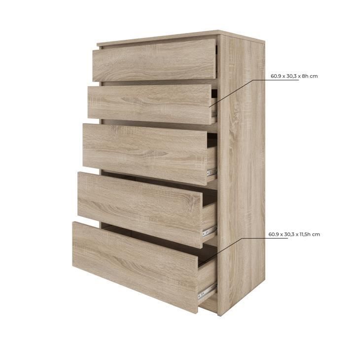 MILÁN 5 - Cómoda contemporánea para dormitorio/sala de estar/oficina 40x70x112 - 5 cajones deslizantes - Mueble de almacenamiento - Armario alto