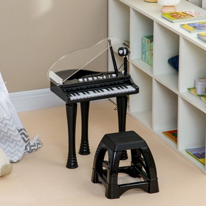 Piano electrónico infantil AIYAPLAY - 32 teclas multifuncionales, taburete pequeño, tapa con luz LED - Plástico - Negro