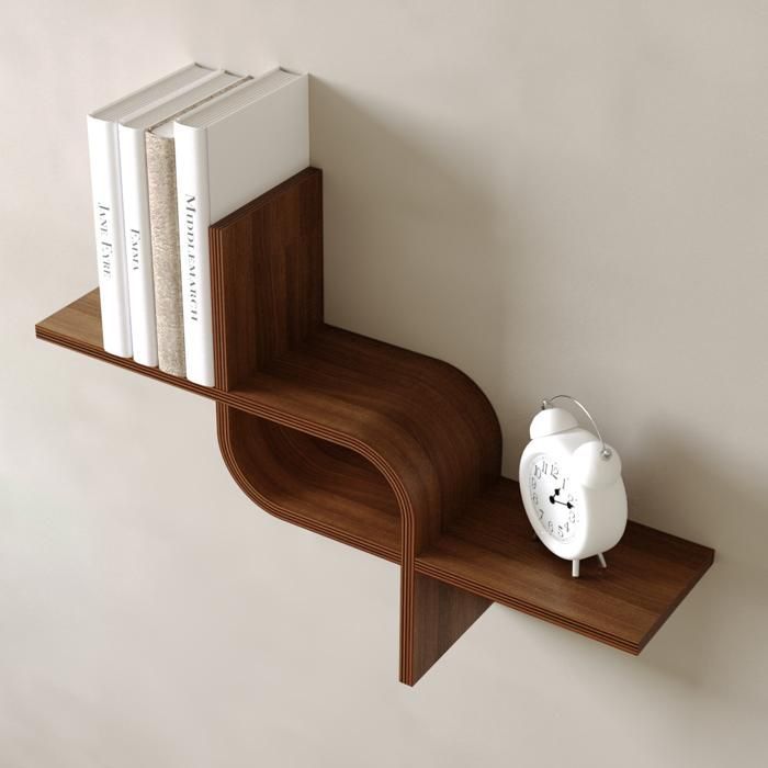 Floating wall shelf in walnut wood – Curved design – 65cm – Decorative wall storage