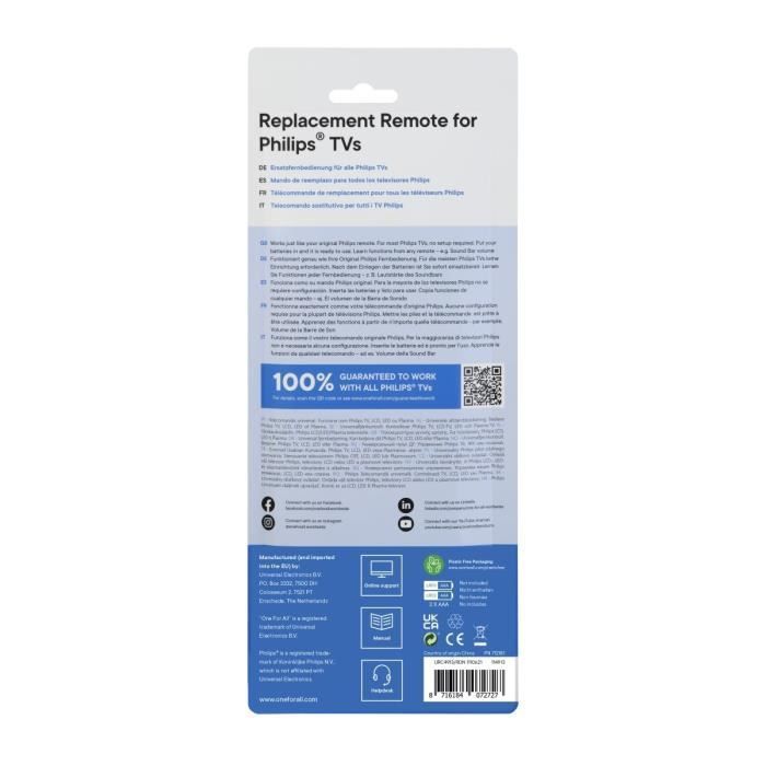 ONE FOR ALL URC4913 - Replacement remote control for Philips TVs