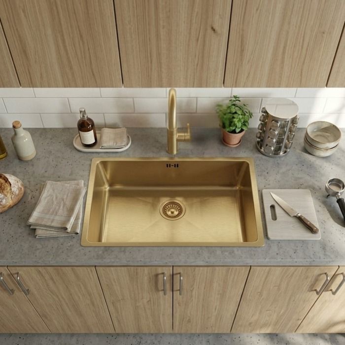 Luisa RVS spoelbak met één kom - 76x45 - Geborsteld goud - Essebagno