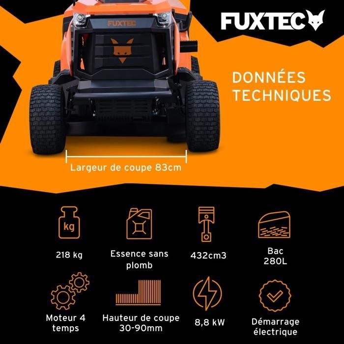 FUXTEC FX-RMT84M Zitmaaier – Gazontractor – 432 cc – 8 kW – 83 cm – Mulchen – Grasopvangbak 280 L – 6000 m²
