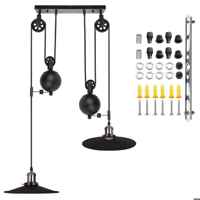 Lámpara de techo colgante UNI de 2 cabezales con polea, color negro, para cocina, sala de estar, dormitorio, cafetería, bar.