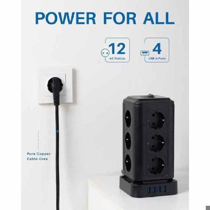 Tower Power Strip Surge Protector with 12 Outlets, 4 USB Ports (4.5A), 2m Cord, 16A/4000W, Black