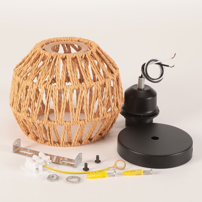 SNOGOLD Spherical Braided Ceiling Light E27 Vintage Light Fixture Brown Rope Braided Lampshade, Rustic Lighting for Living Room Bedroom